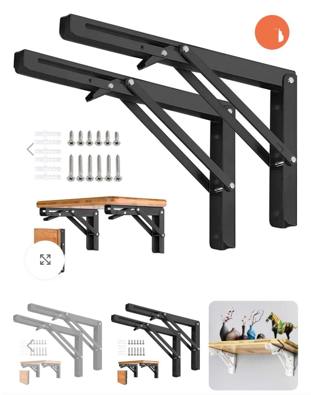 Foldable Shelf Brackets 12" — Black (Pair)